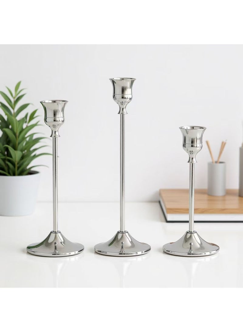 Monda Silver Taper Candle Holders Set of 3 - Elegant 3-Tiered Height Metal Candlestick Holders for Home Decor, Weddings & Parties - Image 1